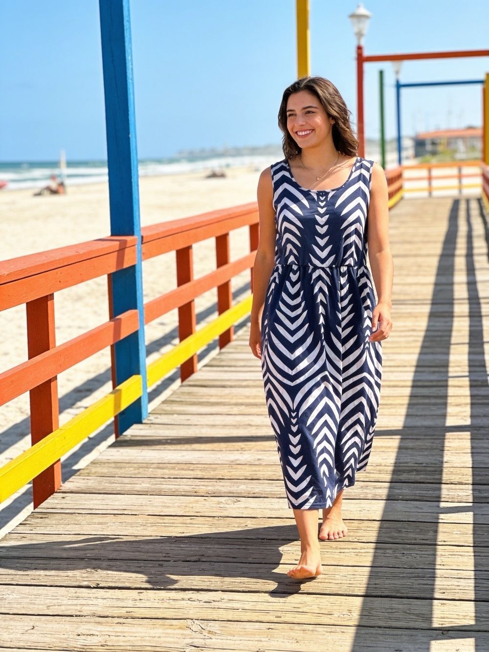 Blue & White Print Midi Dress Sleeveless | Pockets | Lightweight Size XXL